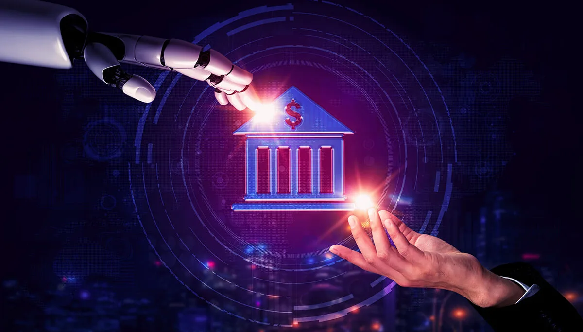 3D rendering of AI showing the synergy between human and cyborg on banking
