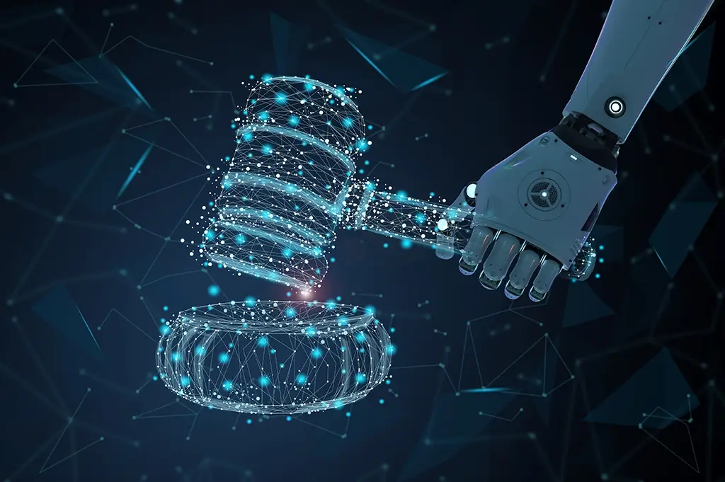 internet law concept: 3d rendering ai robot hand with judge gavel