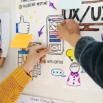 Group of 3 people's hands designing in a whiteboard using papers