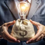 a person holding a bag of money with a glowing light bulb on top