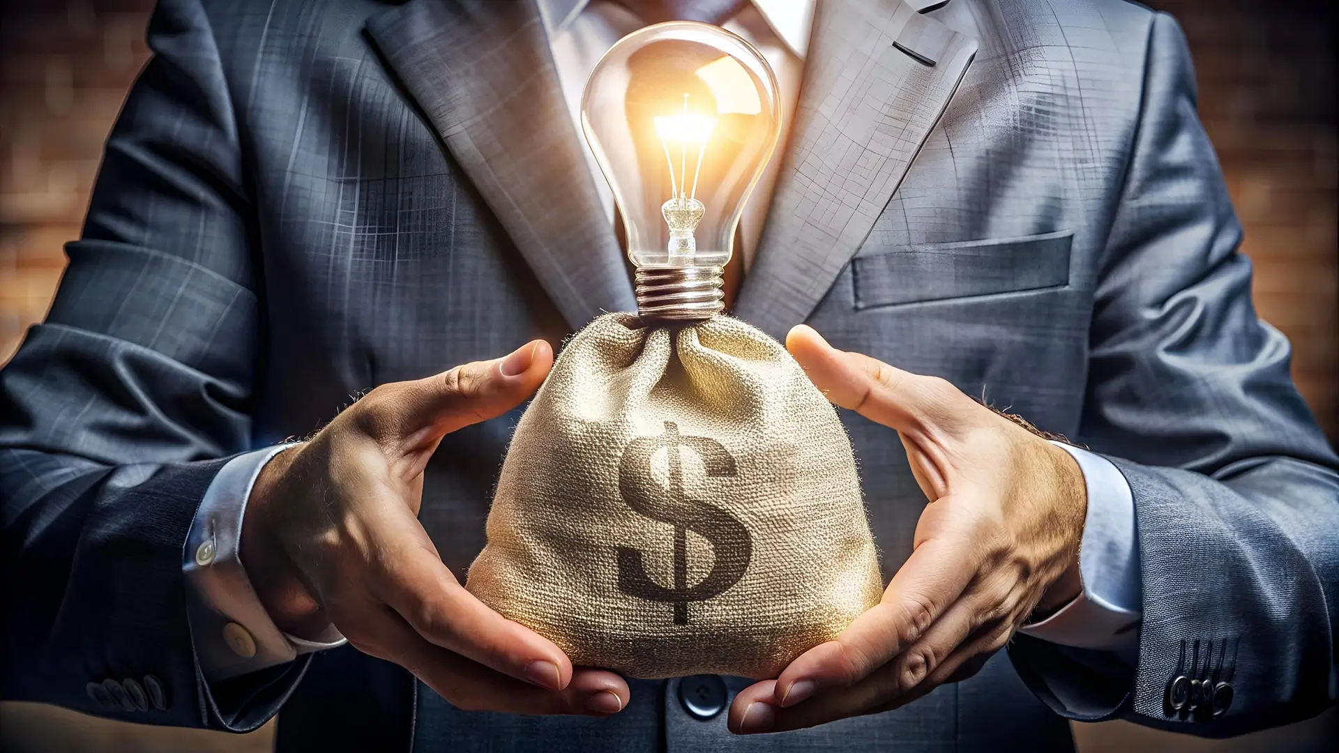 a person holding a bag of money with a glowing light bulb on top