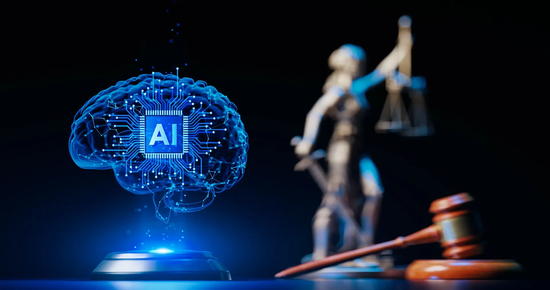 An image featuring an artificial intelligence brain alongside a gavel, symbolizing law and artificial intelligence