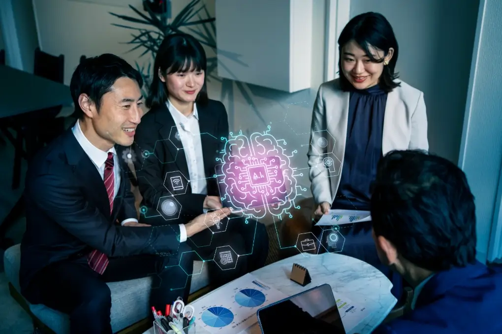 business professionals collaborating around a table, utilizing a digital interface powered by AI technology