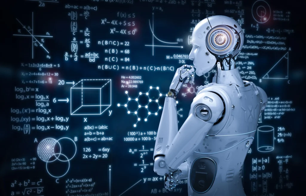 A humanoid robot ponders in front of a backdrop filled with intricate mathematical equations and scientific symbols