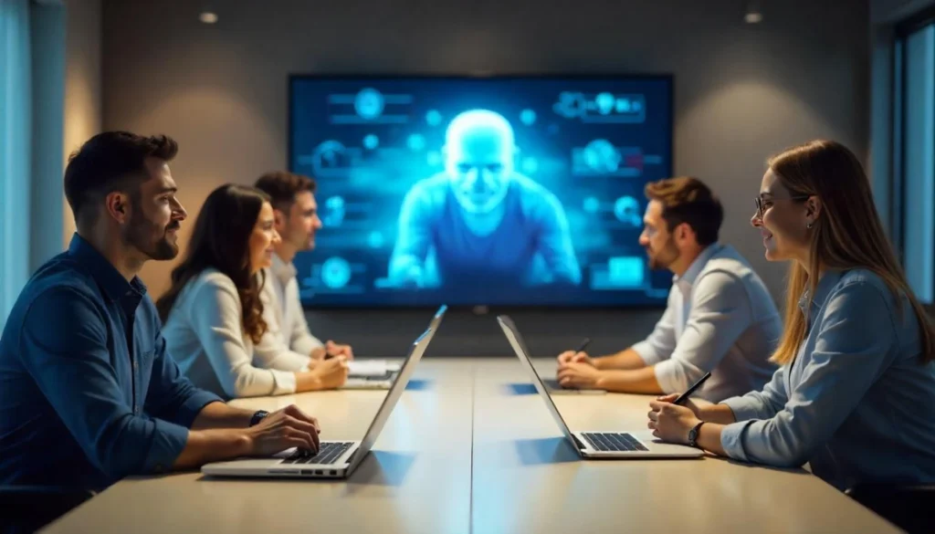 A conference room setting featuring five professionals sitting at a long table with laptops, creating a focused and collaborative atmosphere