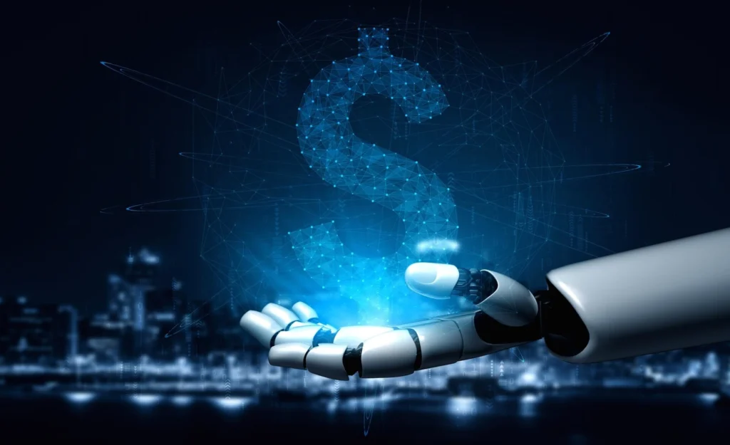 Robot hand grasping a dollar sign with a city skyline in the background, symbolizing technology and finance.