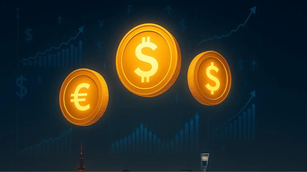 Golden coins with dollar signs and currency symbols overlaying a cityscape, symbolizing wealth and finance.