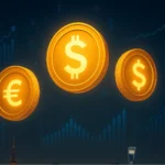 Golden coins with dollar signs and currency symbols overlaying a cityscape, symbolizing wealth and finance.