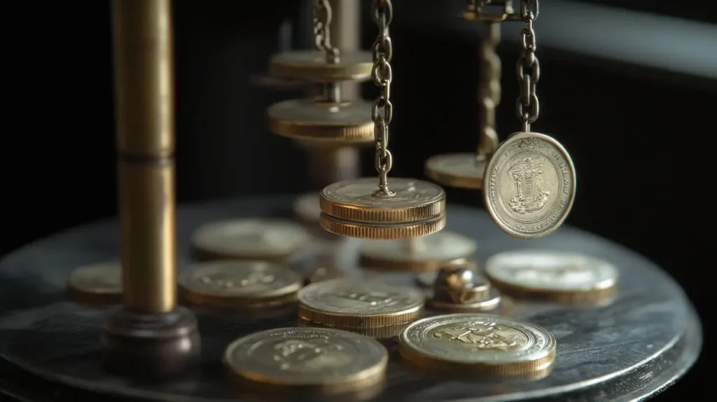 Close-up of various coins balanced on a scale, illustrating weight comparison and value assessment.
