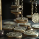 Close-up of various coins balanced on a scale, illustrating weight comparison and value assessment.
