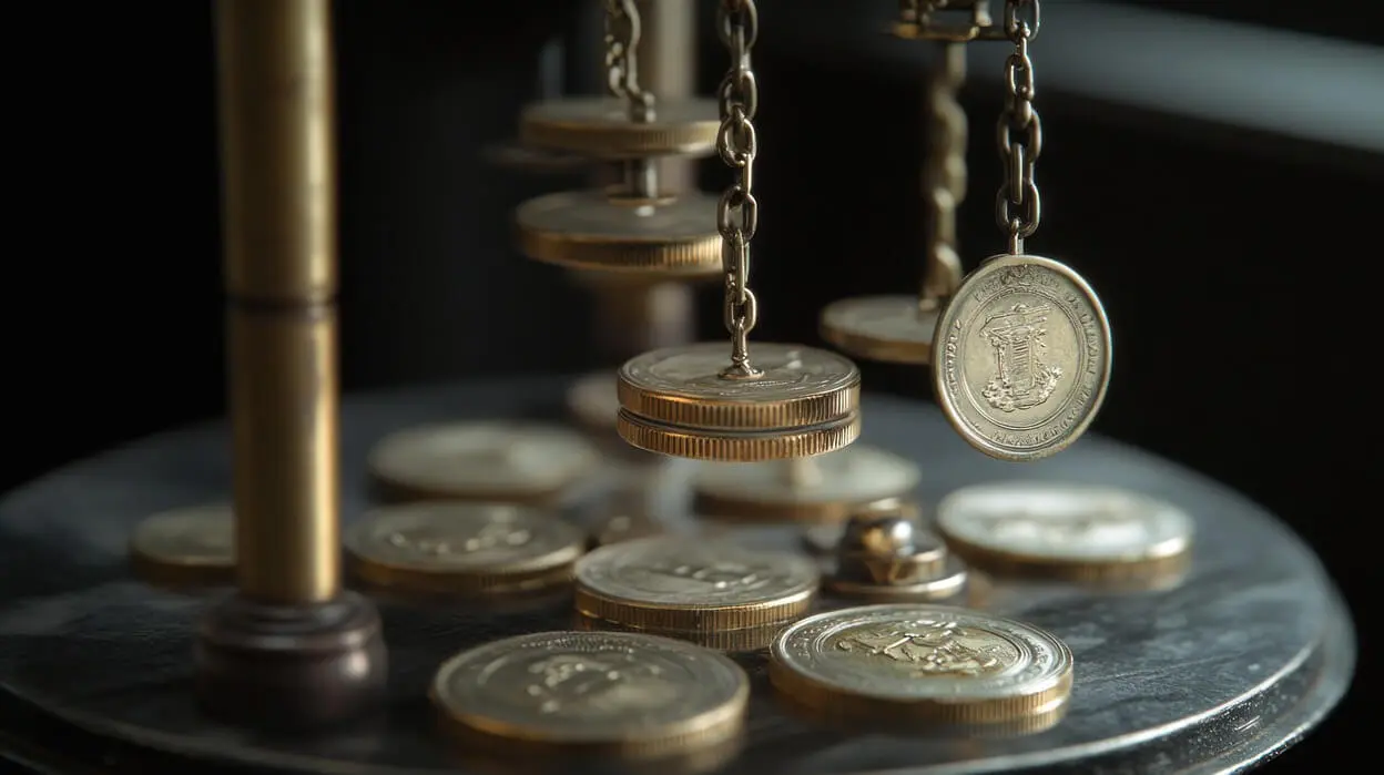 Close-up of various coins balanced on a scale, illustrating weight comparison and value assessment.