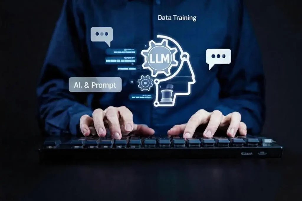 Individual typing on a keyboard that has a brain icon, illustrating the connection between technology and intellect.