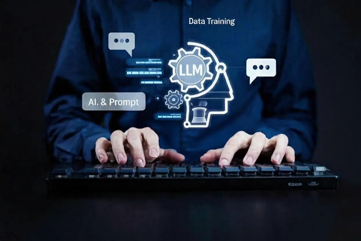 Individual typing on a keyboard that has a brain icon, illustrating the connection between technology and intellect.